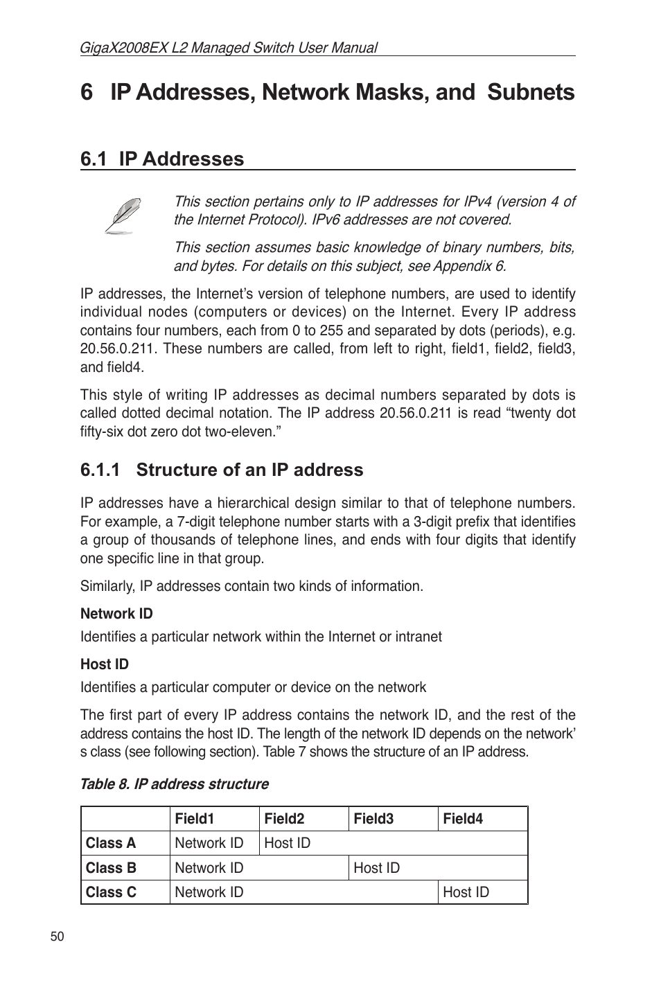 6 ip addresses, network masks, and subnets, 1 ip addresses, 1 structure of an ip address | Table 8. ip address structure | Asus GigaX2008EX User Manual | Page 60 / 71