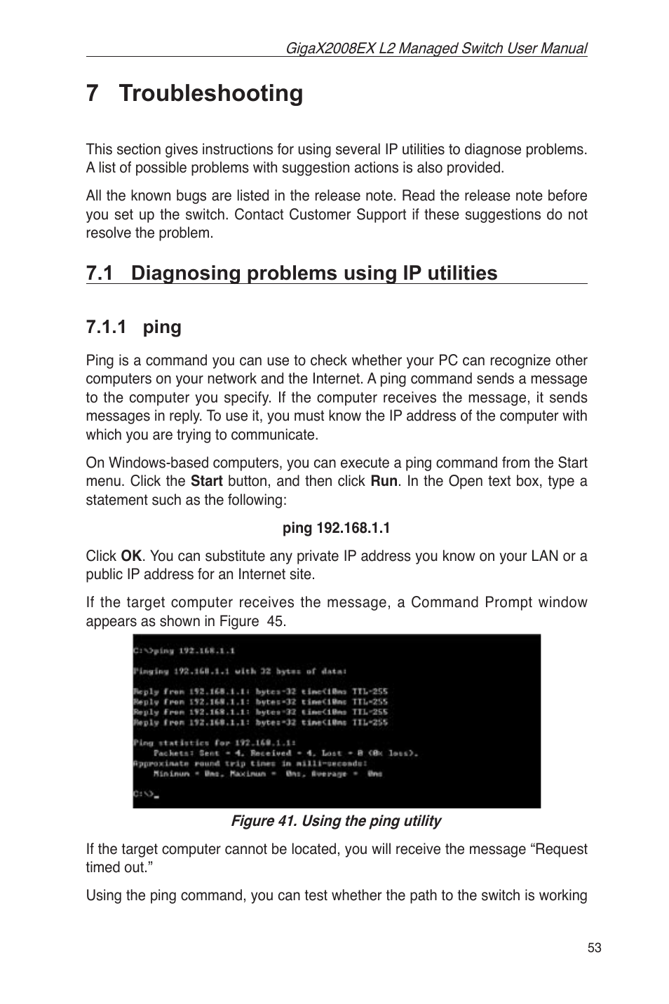 7 troubleshooting, 1 diagnosing problems using ip utilities, 1 ping | Figure 41. using the ping utility | Asus GigaX2008EX User Manual | Page 63 / 71