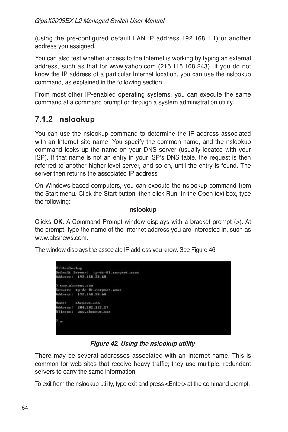 2 nslookup, Figure 42. using the nslookup utility | Asus GigaX2008EX User Manual | Page 64 / 71