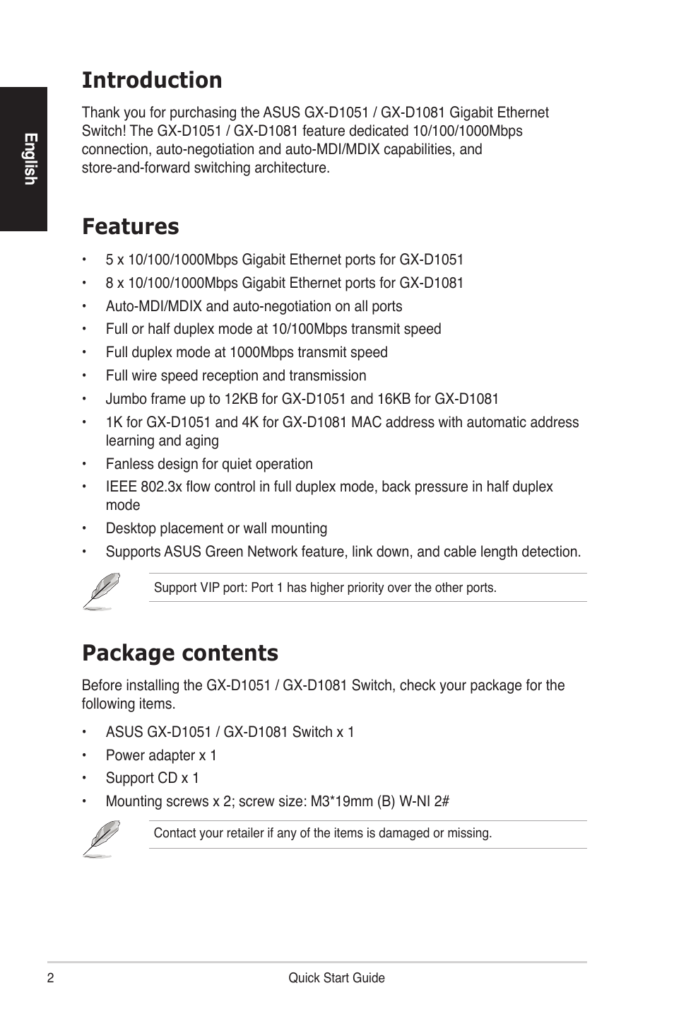Introduction, Features, Package contents | Asus GX-D1081 User Manual | Page 2 / 8