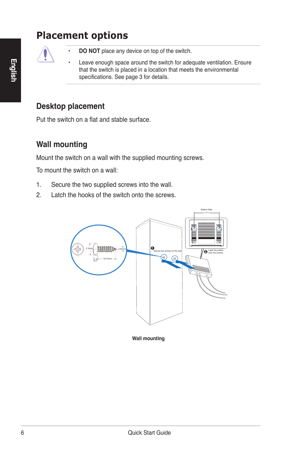 Placement options, Wall mounting, Desktop placement | En glis h, Put the switch on a flat and stable surface | Asus GX-D1081 User Manual | Page 6 / 8