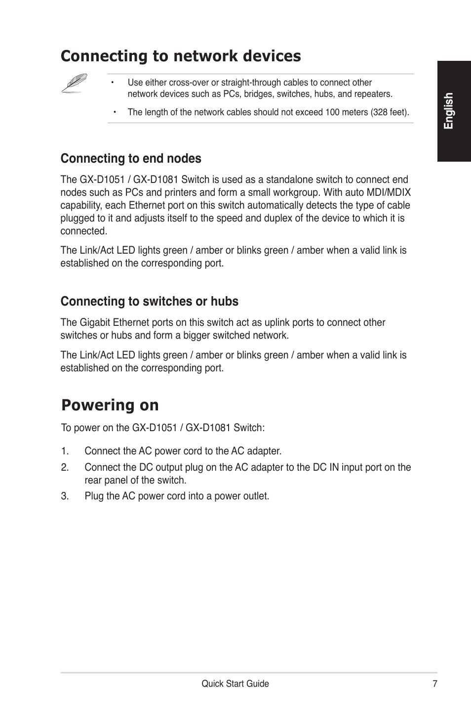 Connecting to network devices, Powering on, Connecting to end nodes | Connecting to switches or hubs | Asus GX-D1081 User Manual | Page 7 / 8