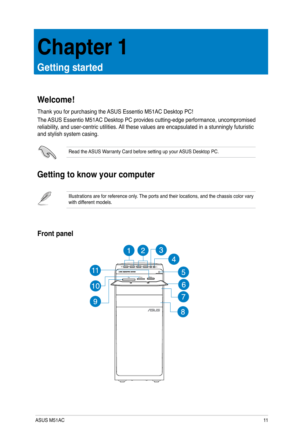 Chapter 1: getting started, Welcome, Getting to know your computer | Getting started, Welcome! getting to know your computer, Chapter 1 | Asus M51AC User Manual | Page 11 / 63