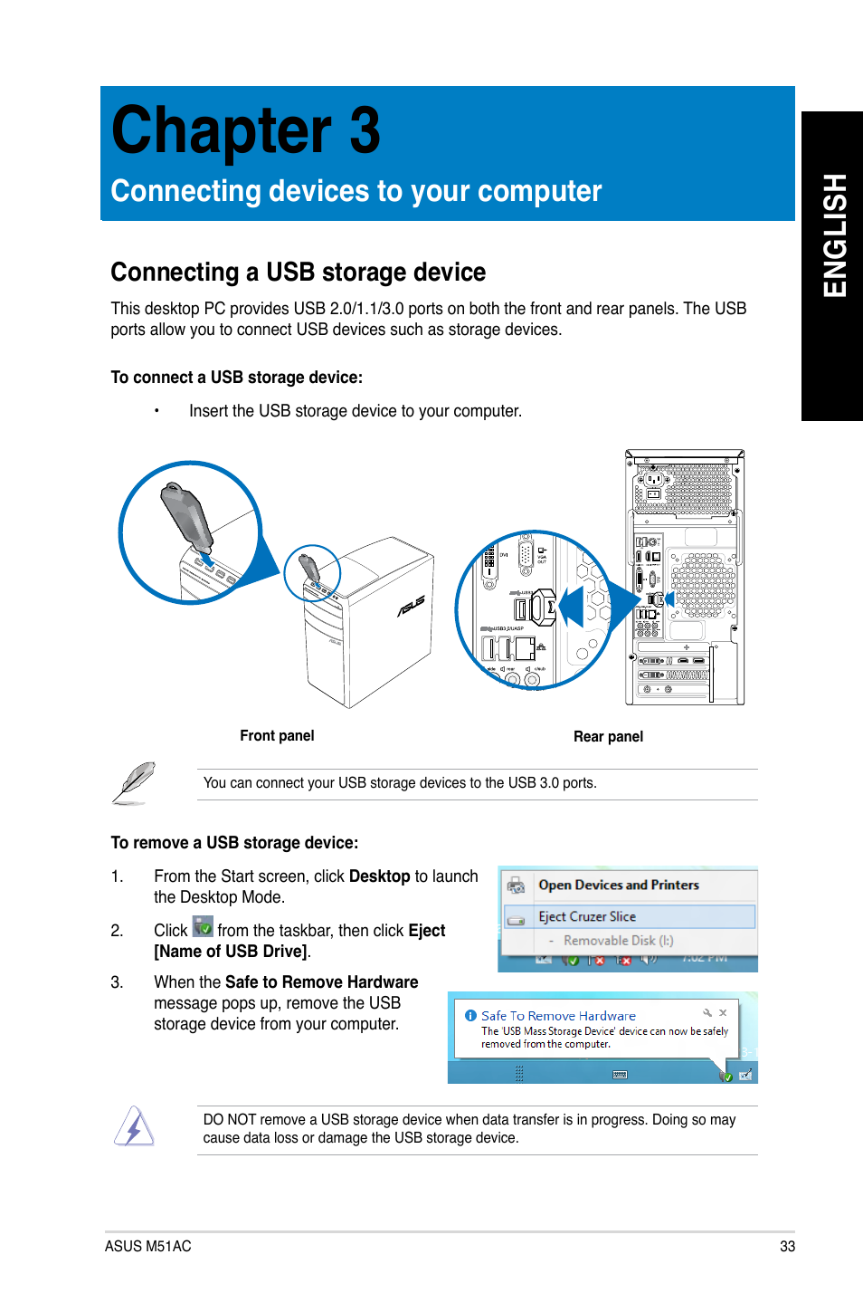 Chapter 3: connecting devices to your computer, Connecting a usb storage device, Connecting devices to your computer | Chapter 3, En gl is h en gl is h | Asus M51AC User Manual | Page 33 / 63