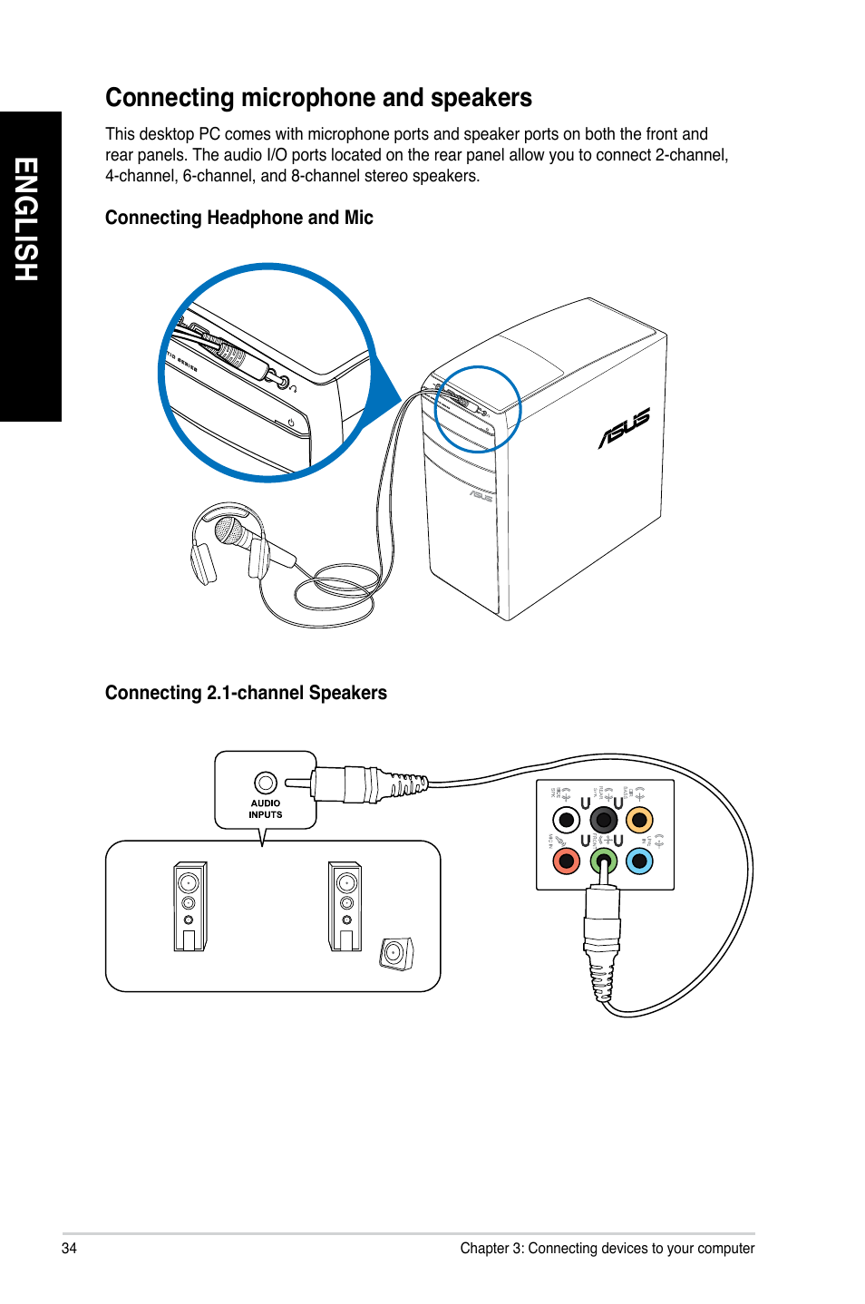 Connecting microphone and speakers, En gl is h en gl is h en gl is h en gl is h | Asus M51AC User Manual | Page 34 / 63