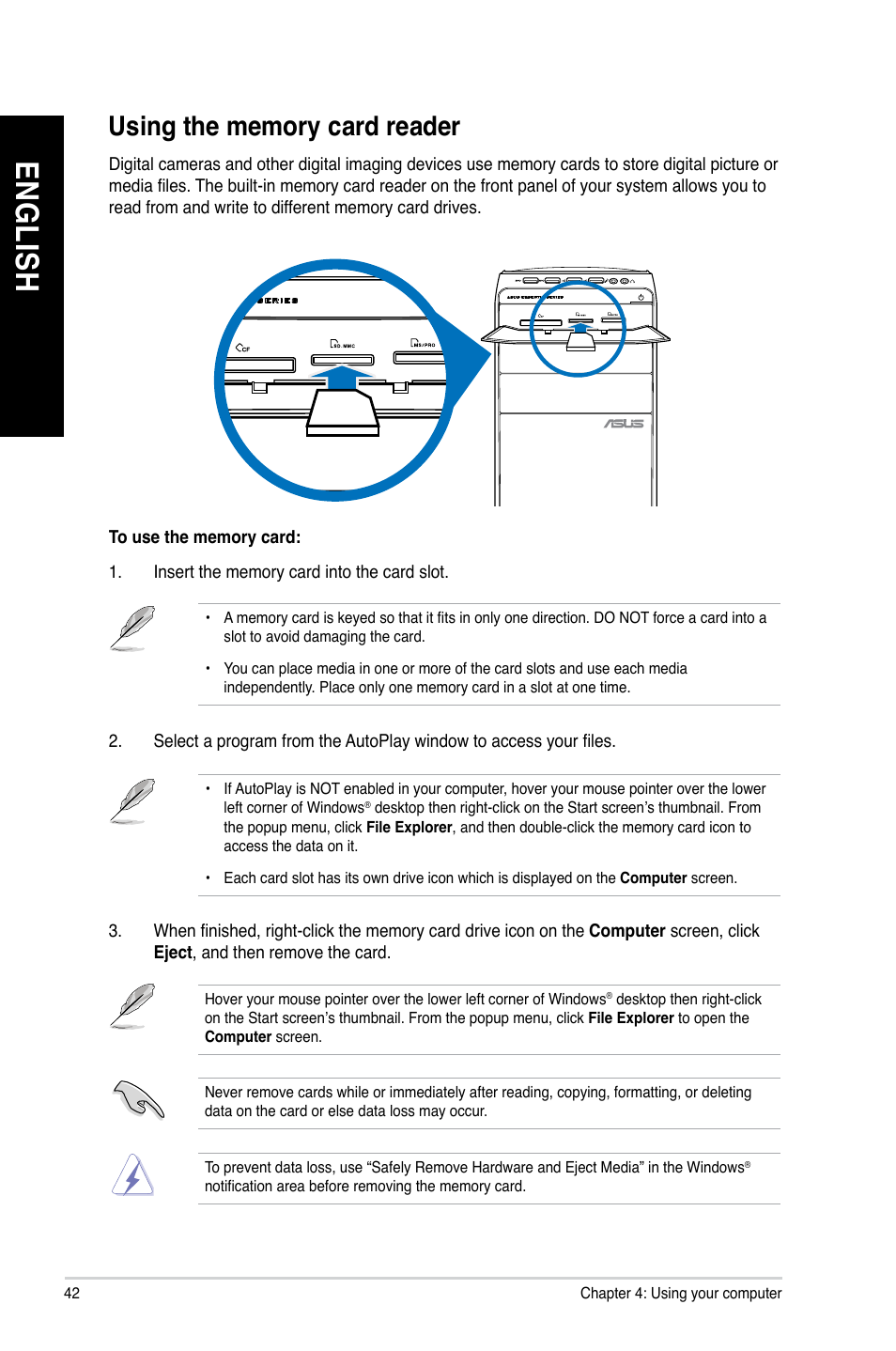 Using the memory card reader, En gl is h en gl is h en gl is h en gl is h | Asus M51AC User Manual | Page 42 / 63