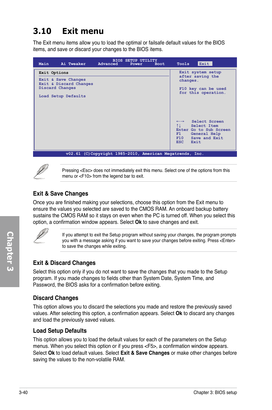 Chapter 3 3.10 exit menu, Exit & save changes, Exit & discard changes | Discard changes, Load setup defaults | Asus M4A89GTD PRO/USB3 User Manual | Page 100 / 132