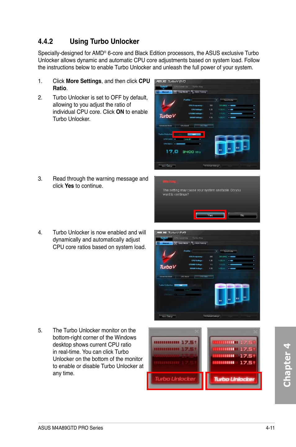 Chapter 4, 2 using turbo unlocker | Asus M4A89GTD PRO/USB3 User Manual | Page 111 / 132