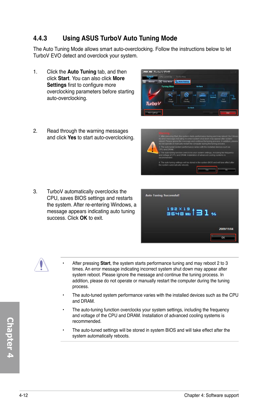 Chapter 4, 3 using asus turbov auto tuning mode | Asus M4A89GTD PRO/USB3 User Manual | Page 112 / 132