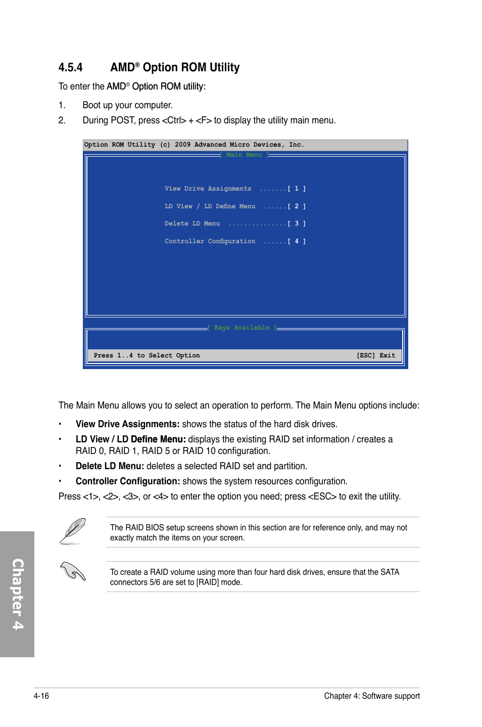 Chapter 4, 4 amd, Option rom utility | Asus M4A89GTD PRO/USB3 User Manual | Page 116 / 132