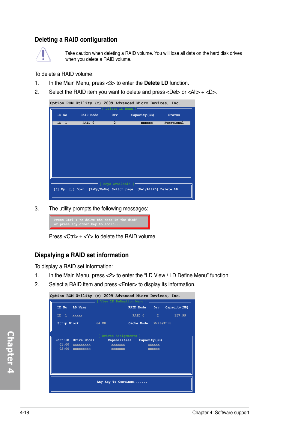 Chapter 4, Deleting a raid configuration, Dispalying a raid set information | Asus M4A89GTD PRO/USB3 User Manual | Page 118 / 132