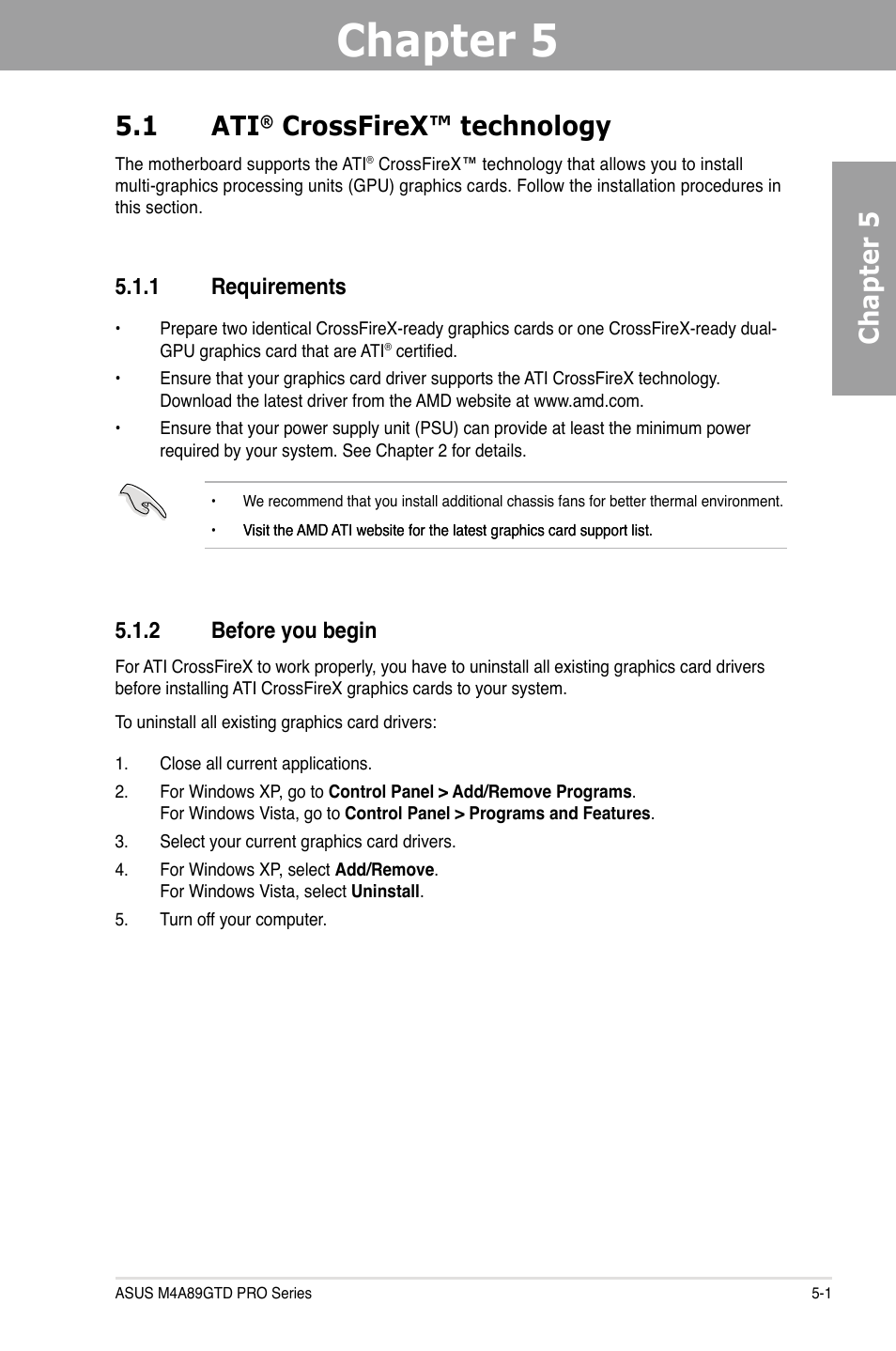 Chapter 5, 1 ati, Crossfirex™ technology | 2 before you begin, 1 requirements | Asus M4A89GTD PRO/USB3 User Manual | Page 123 / 132