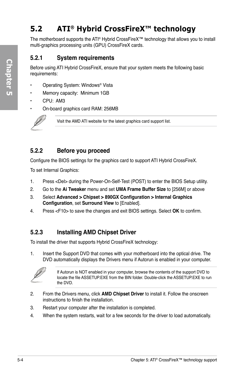 Chapter 5 5.2 ati, Hybrid crossfirex™ technology, 1 system requirements | 2 before you proceed, 3 installing amd chipset driver | Asus M4A89GTD PRO/USB3 User Manual | Page 126 / 132