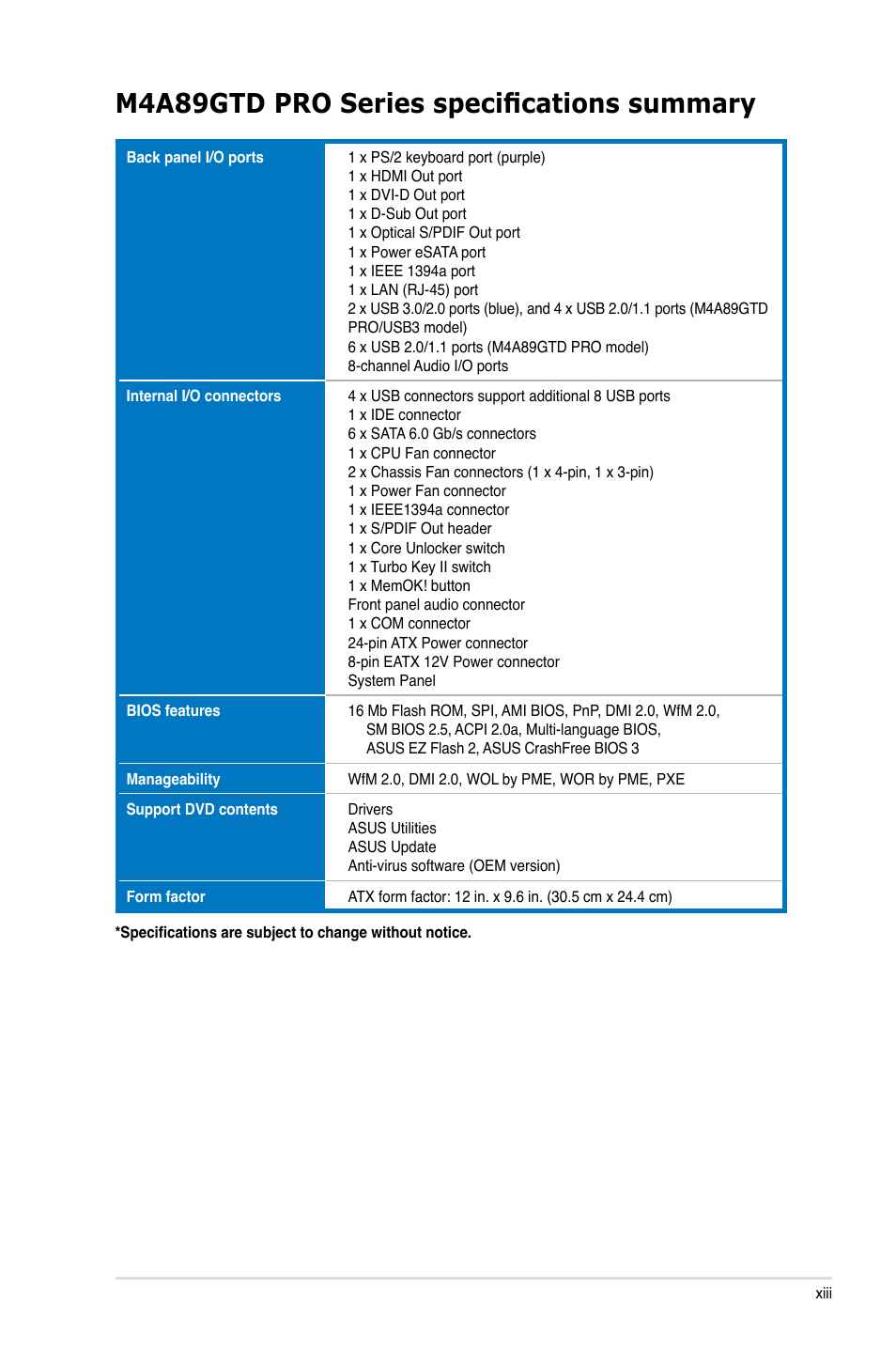 M4a89gtd pro series specifications summary | Asus M4A89GTD PRO/USB3 User Manual | Page 13 / 132