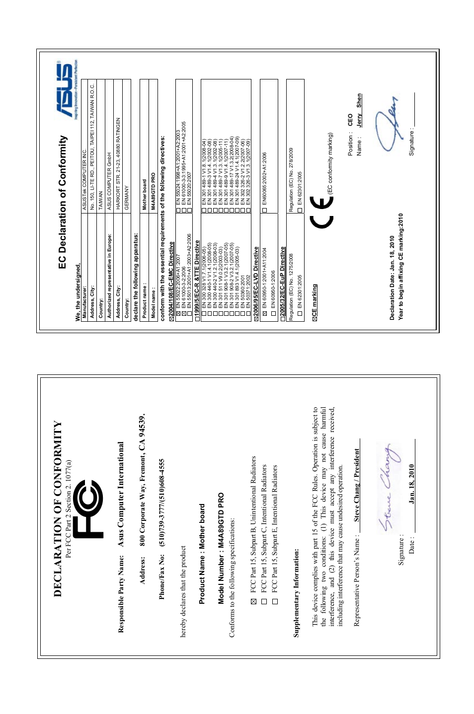 Declaration of conformity, Ec declaration of conformity, Asu s c om pu te r in te rn at io na l | Asus M4A89GTD PRO/USB3 User Manual | Page 131 / 132