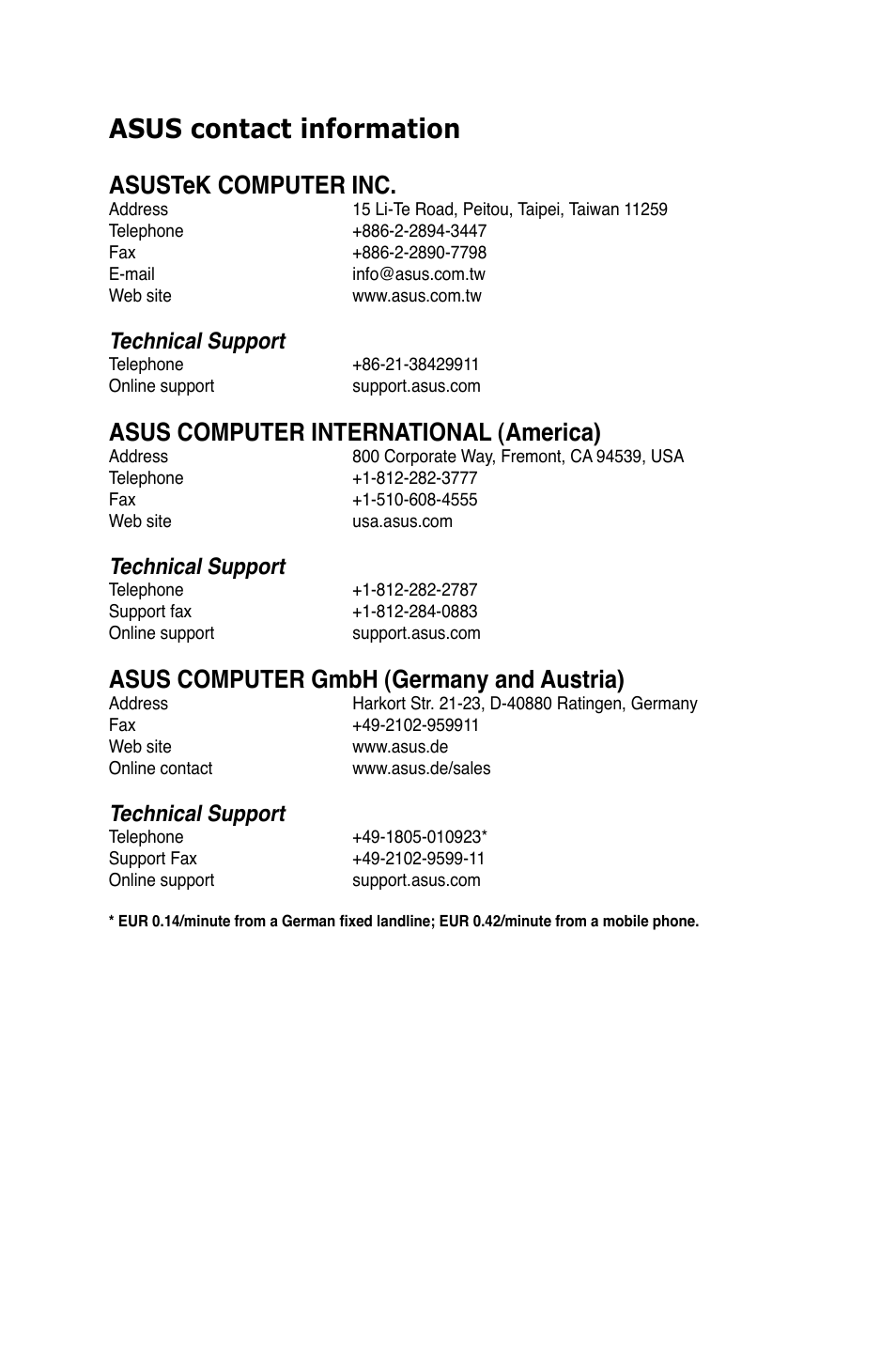 Asus contact information, Asustek computer inc, Asus computer international (america) | Asus computer gmbh (germany and austria), Technical support | Asus M4A89GTD PRO/USB3 User Manual | Page 132 / 132