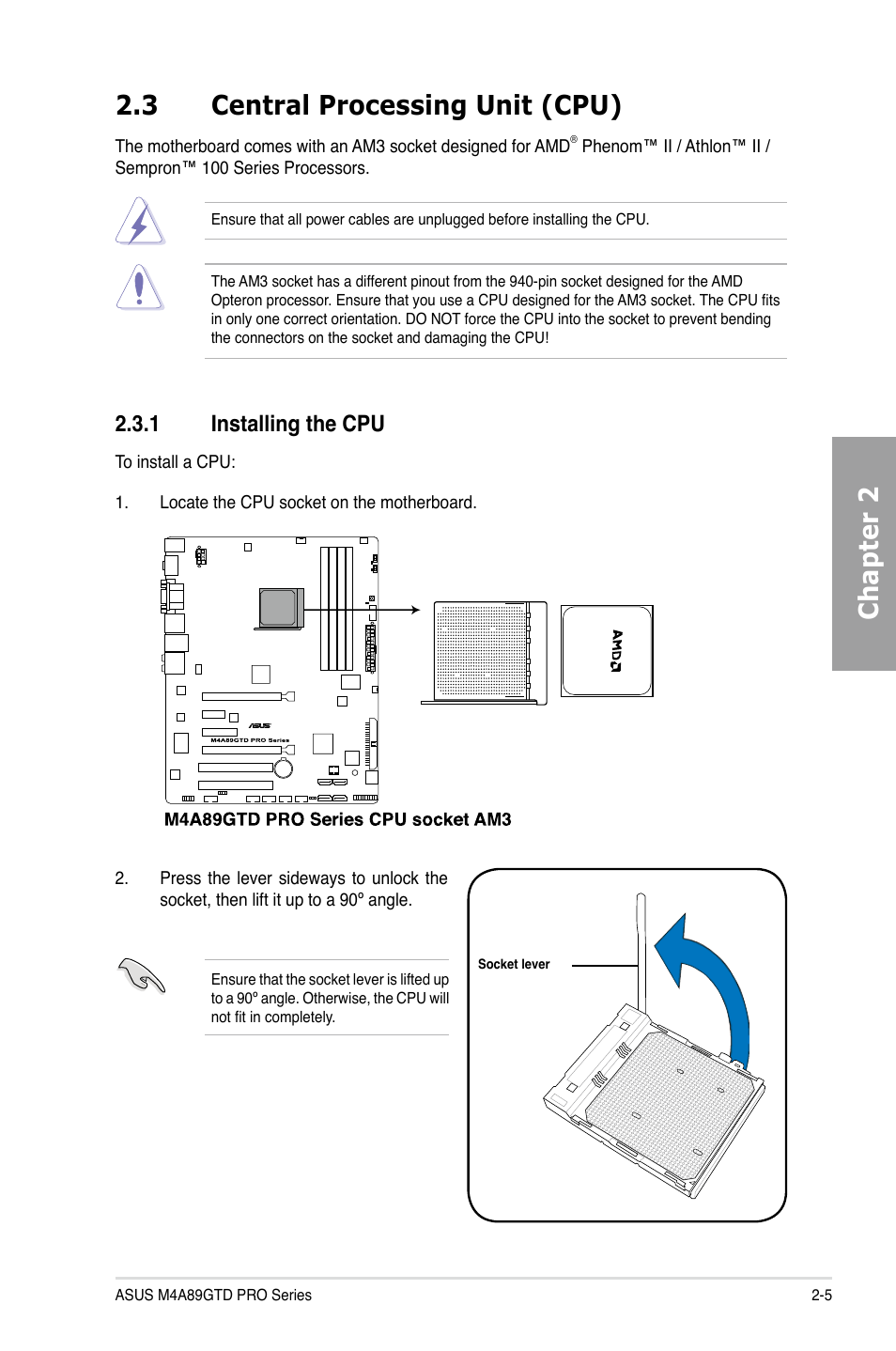 Chapter 2 2.3 central processing unit (cpu), 1 installing the cpu | Asus M4A89GTD PRO/USB3 User Manual | Page 23 / 132