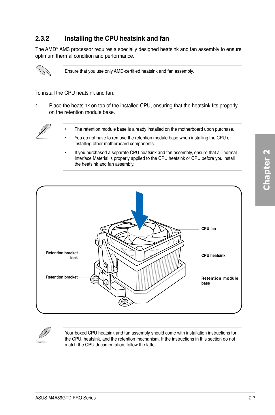 Chapter 2, 2 installing the cpu heatsink and fan | Asus M4A89GTD PRO/USB3 User Manual | Page 25 / 132