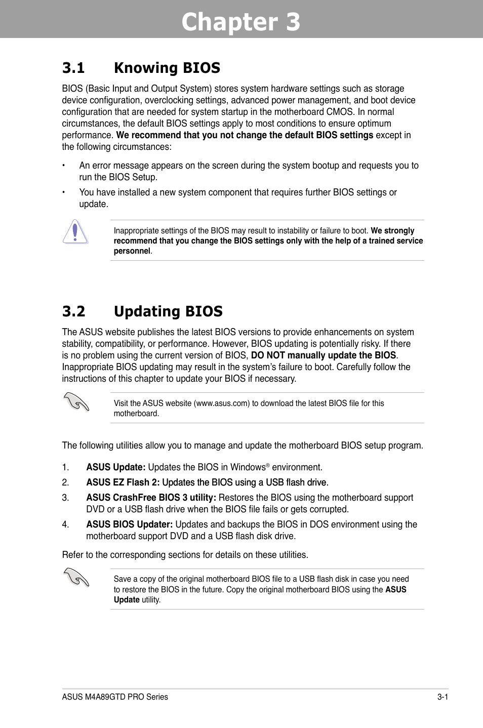 Chapter 3, Chapter 3 3.1 knowing bios, 2 updating bios | Asus M4A89GTD PRO/USB3 User Manual | Page 61 / 132