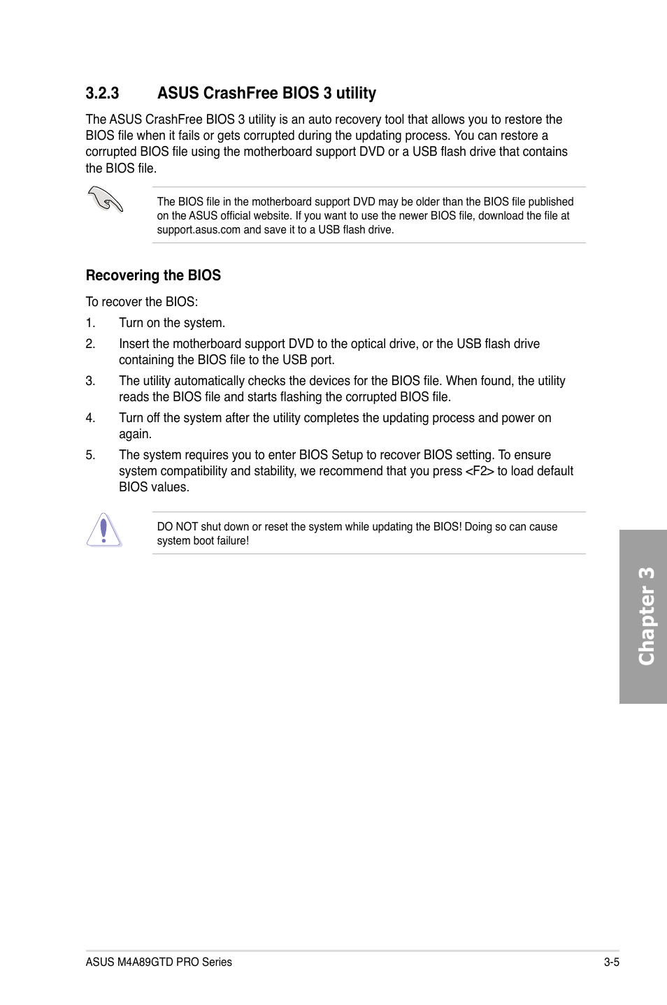 Chapter 3, 3 asus crashfree bios 3 utility | Asus M4A89GTD PRO/USB3 User Manual | Page 65 / 132