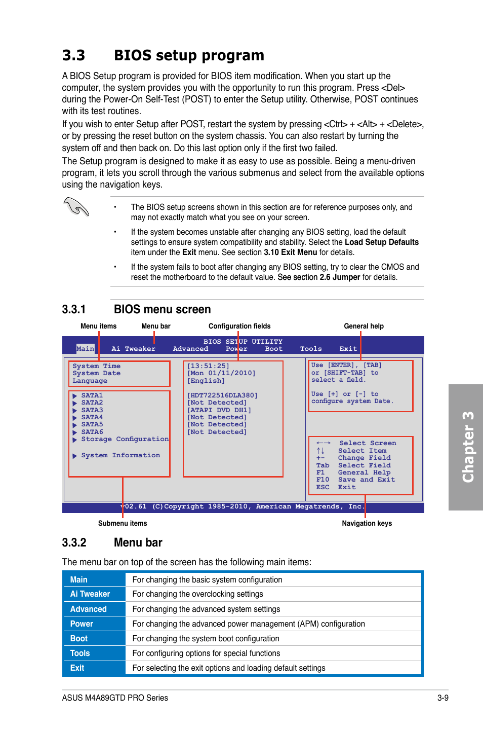 Chapter 3 3.3 bios setup program, 1 bios menu screen 3.3.2 menu bar | Asus M4A89GTD PRO/USB3 User Manual | Page 69 / 132