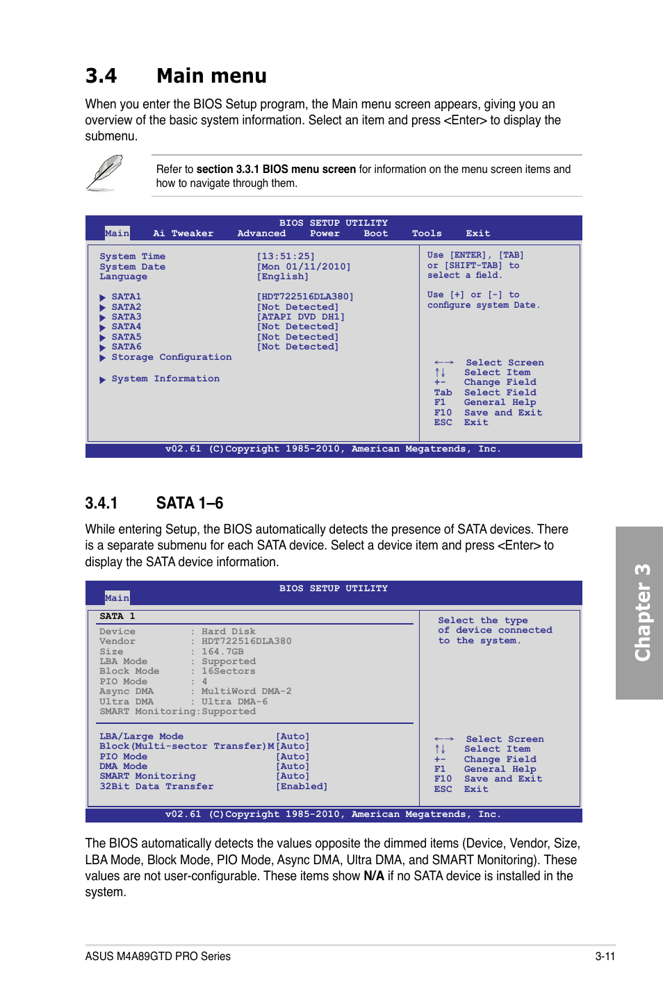 Chapter 3 3.4 main menu, 1 sata 1–6 | Asus M4A89GTD PRO/USB3 User Manual | Page 71 / 132