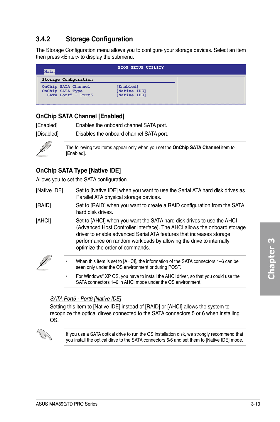 Chapter 3, 2 storage configuration, Onchip sata channel [enabled | Onchip sata type [native ide | Asus M4A89GTD PRO/USB3 User Manual | Page 73 / 132