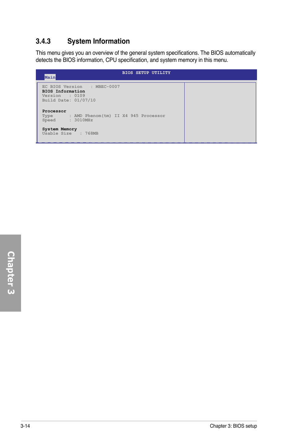 Chapter 3, 3 system information | Asus M4A89GTD PRO/USB3 User Manual | Page 74 / 132