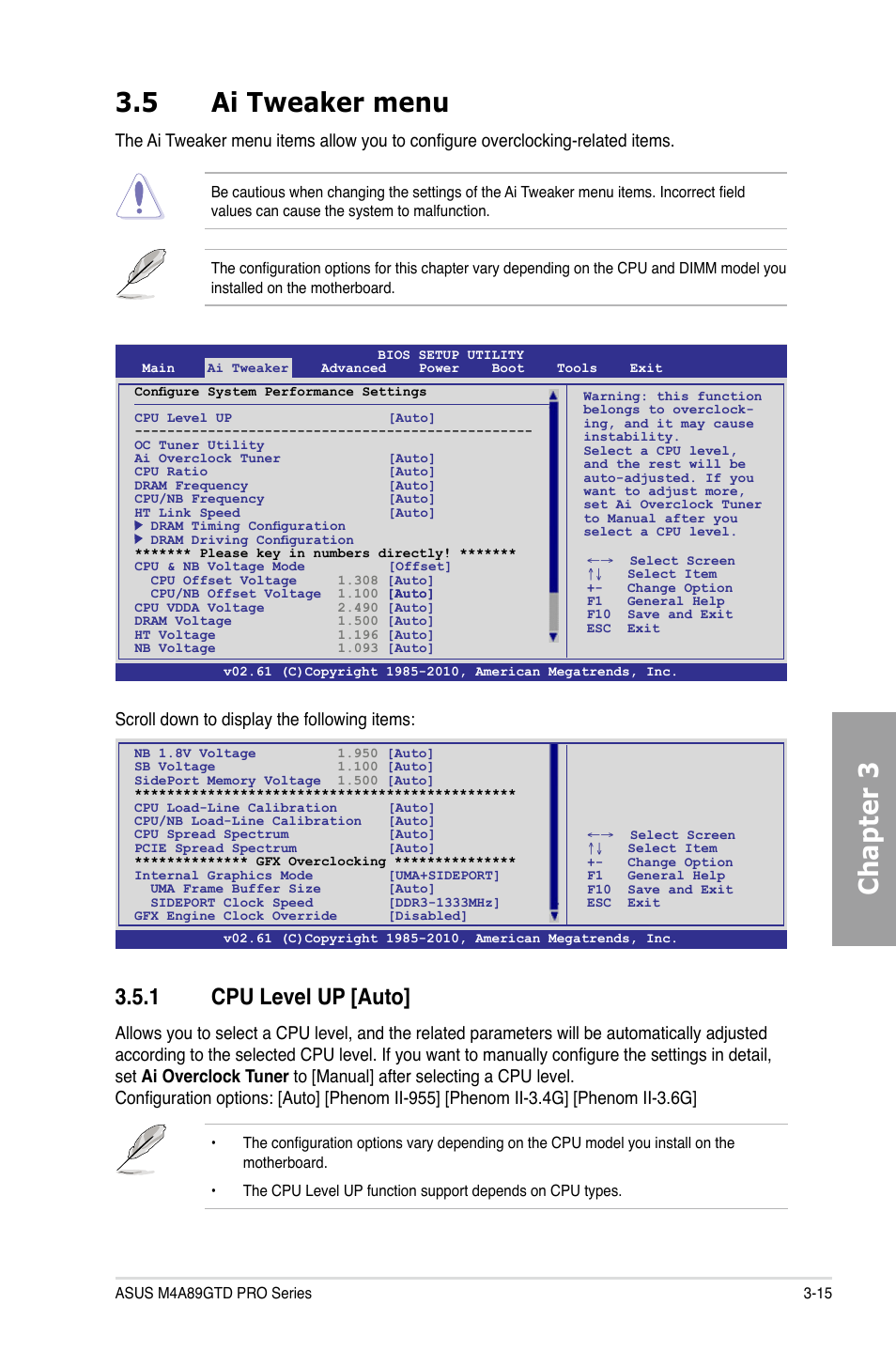 Chapter 3 3.5 ai tweaker menu, 1 cpu level up [auto, Scroll down to display the following items | Asus M4A89GTD PRO/USB3 User Manual | Page 75 / 132