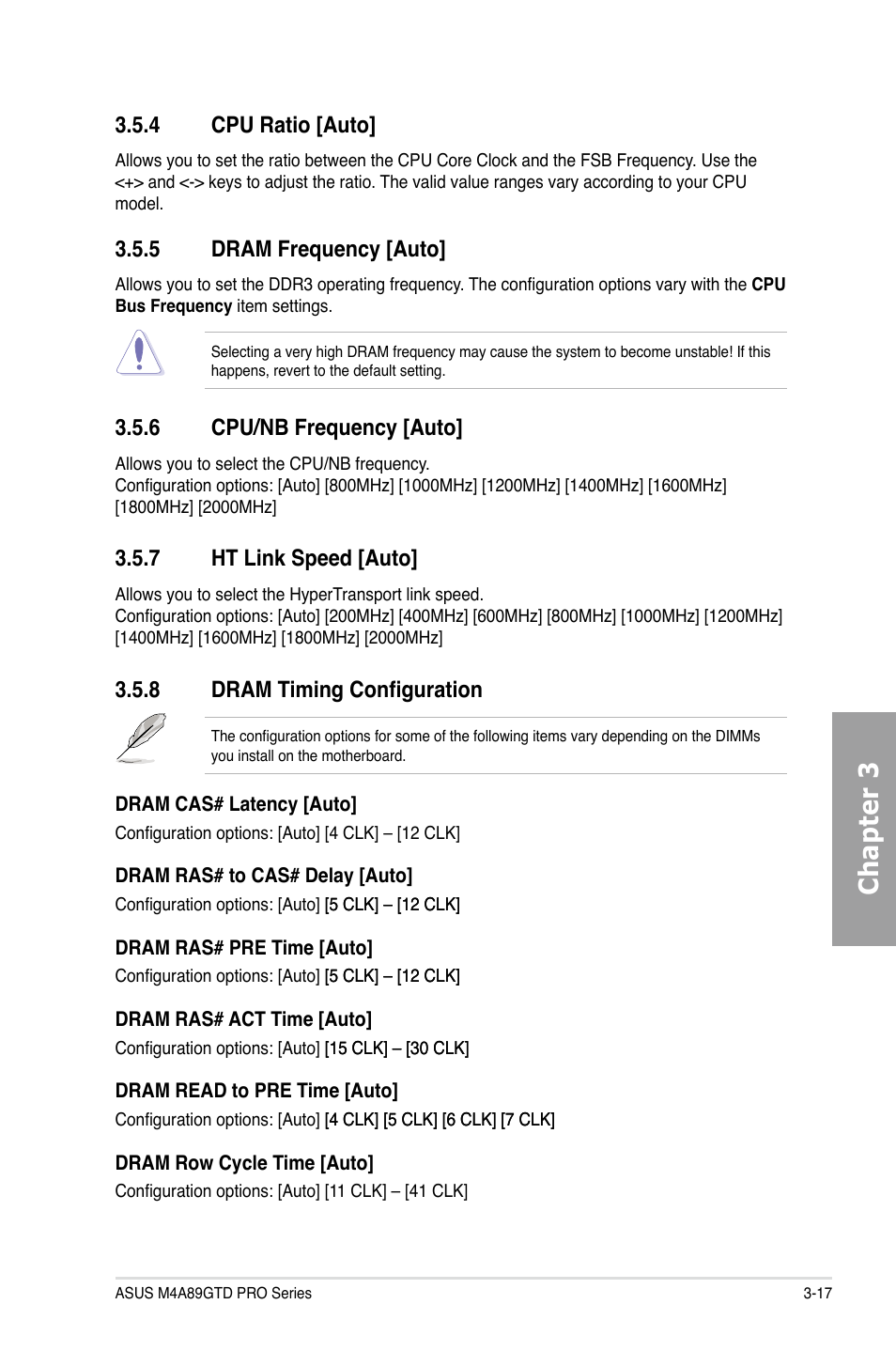 Chapter 3, 4 cpu ratio [auto, 5 dram frequency [auto | 6 cpu/nb frequency [auto, 7 ht link speed [auto, 8 dram timing configuration | Asus M4A89GTD PRO/USB3 User Manual | Page 77 / 132