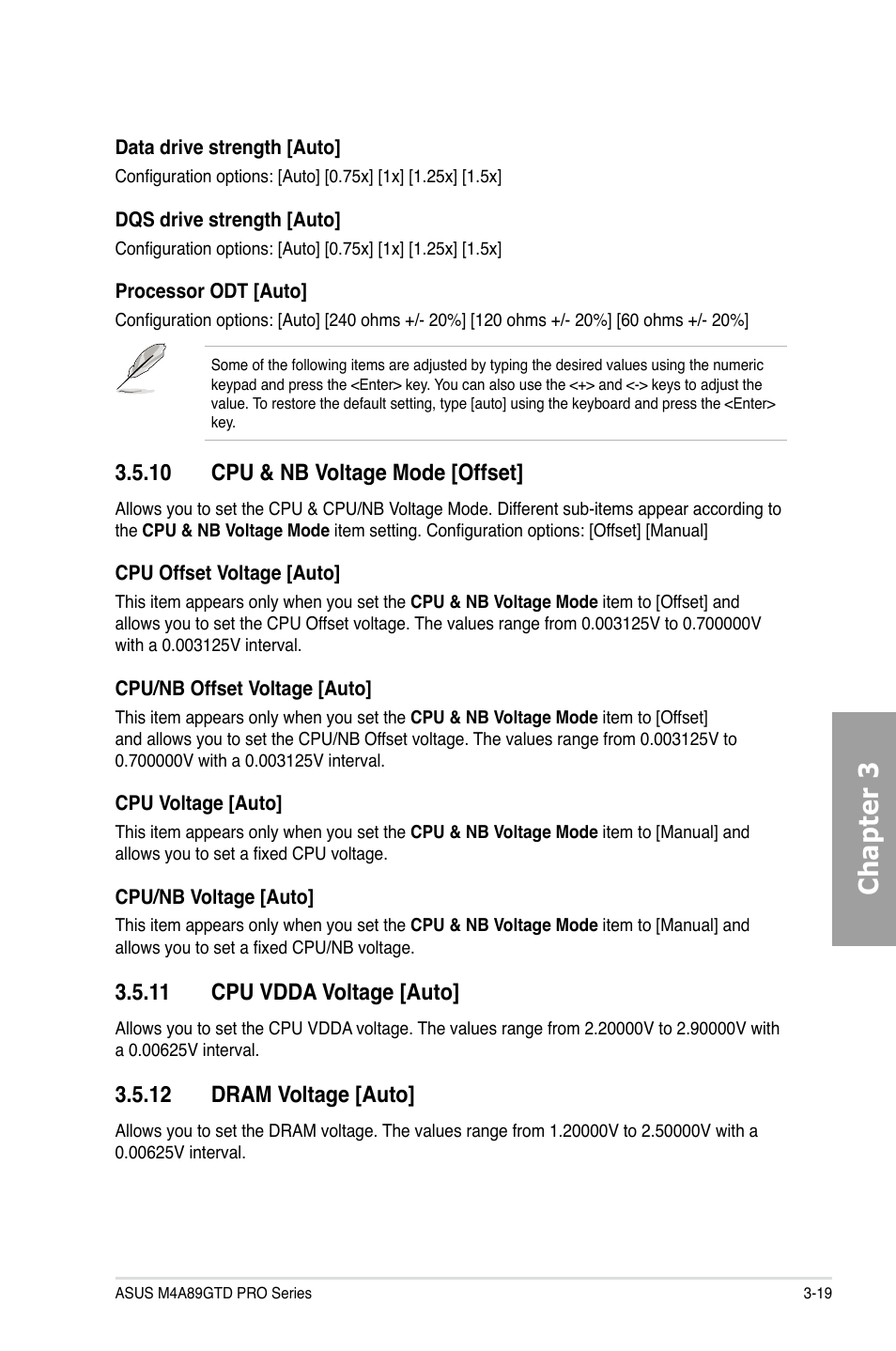 Chapter 3, 10 cpu & nb voltage mode [offset, 11 cpu vdda voltage [auto | 12 dram voltage [auto | Asus M4A89GTD PRO/USB3 User Manual | Page 79 / 132