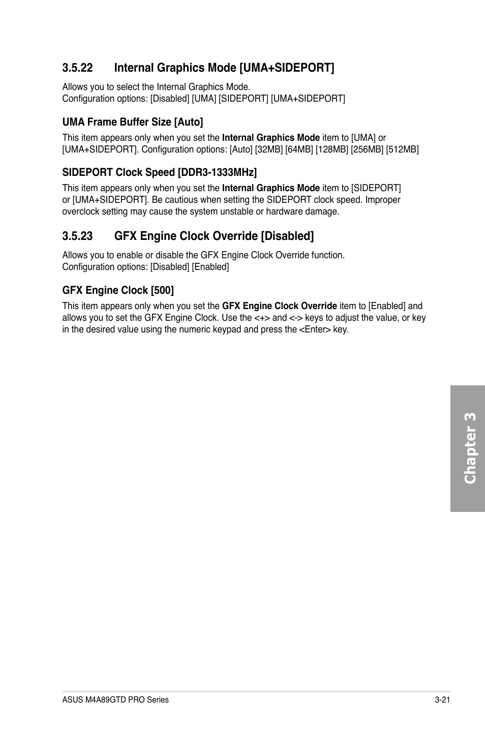 Chapter 3, 22 internal graphics mode [uma+sideport, 23 gfx engine clock override [disabled | Asus M4A89GTD PRO/USB3 User Manual | Page 81 / 132