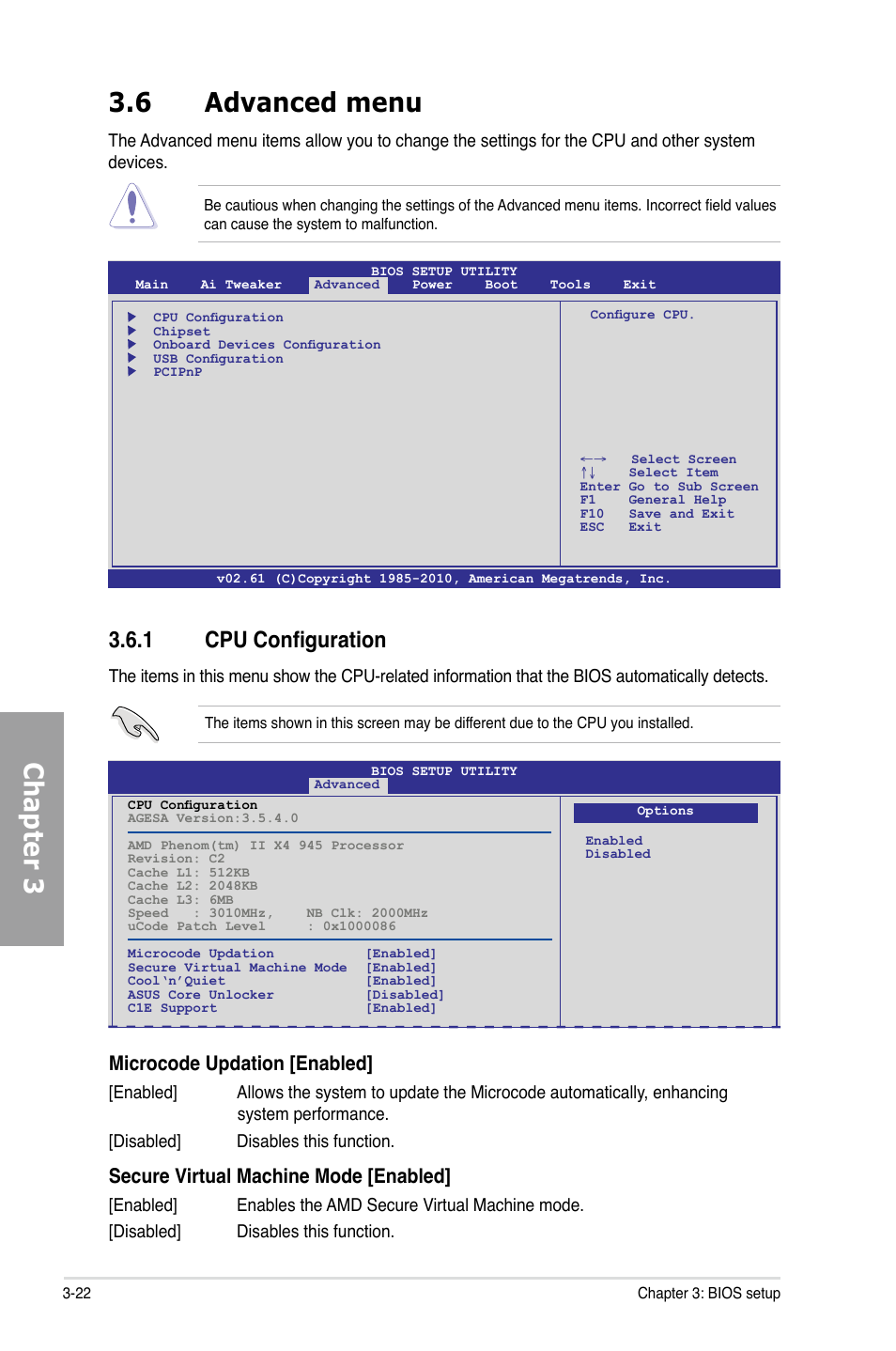 Chapter 3, 6 advanced menu, 1 cpu configuration | Microcode updation [enabled, Secure virtual machine mode [enabled | Asus M4A89GTD PRO/USB3 User Manual | Page 82 / 132