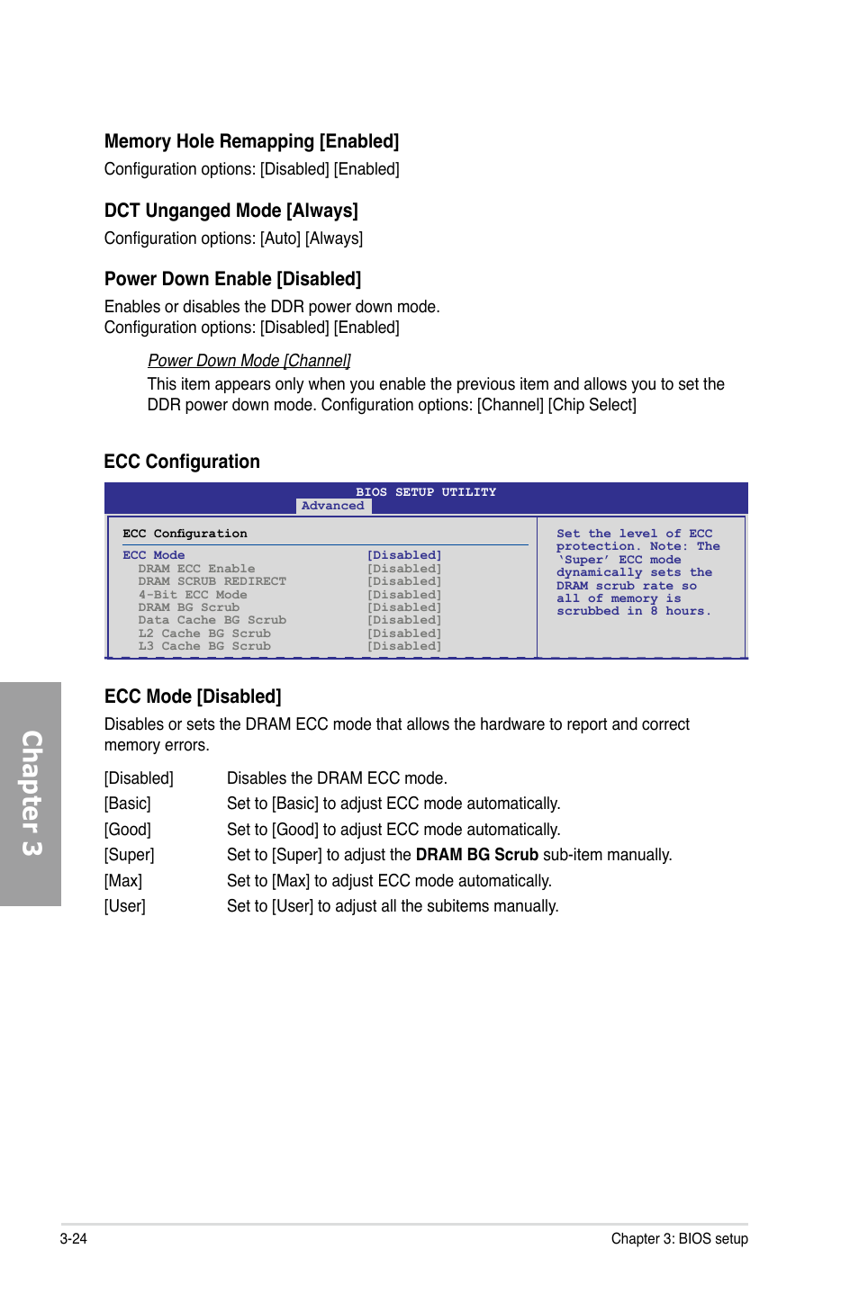 Chapter 3, Ecc configuration ecc mode [disabled, Dct unganged mode [always | Power down enable [disabled | Asus M4A89GTD PRO/USB3 User Manual | Page 84 / 132