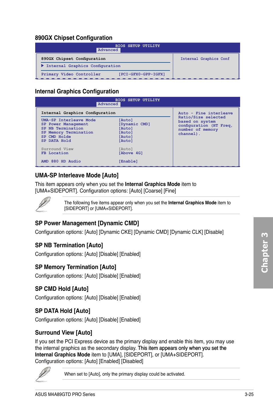 Chapter 3, 890gx chipset configuration, Uma-sp interleave mode [auto | Sp power management [dynamic cmd, Sp nb termination [auto, Sp cmd hold [auto, Sp data hold [auto, Surround view [auto, Internal graphics configuration | Asus M4A89GTD PRO/USB3 User Manual | Page 85 / 132