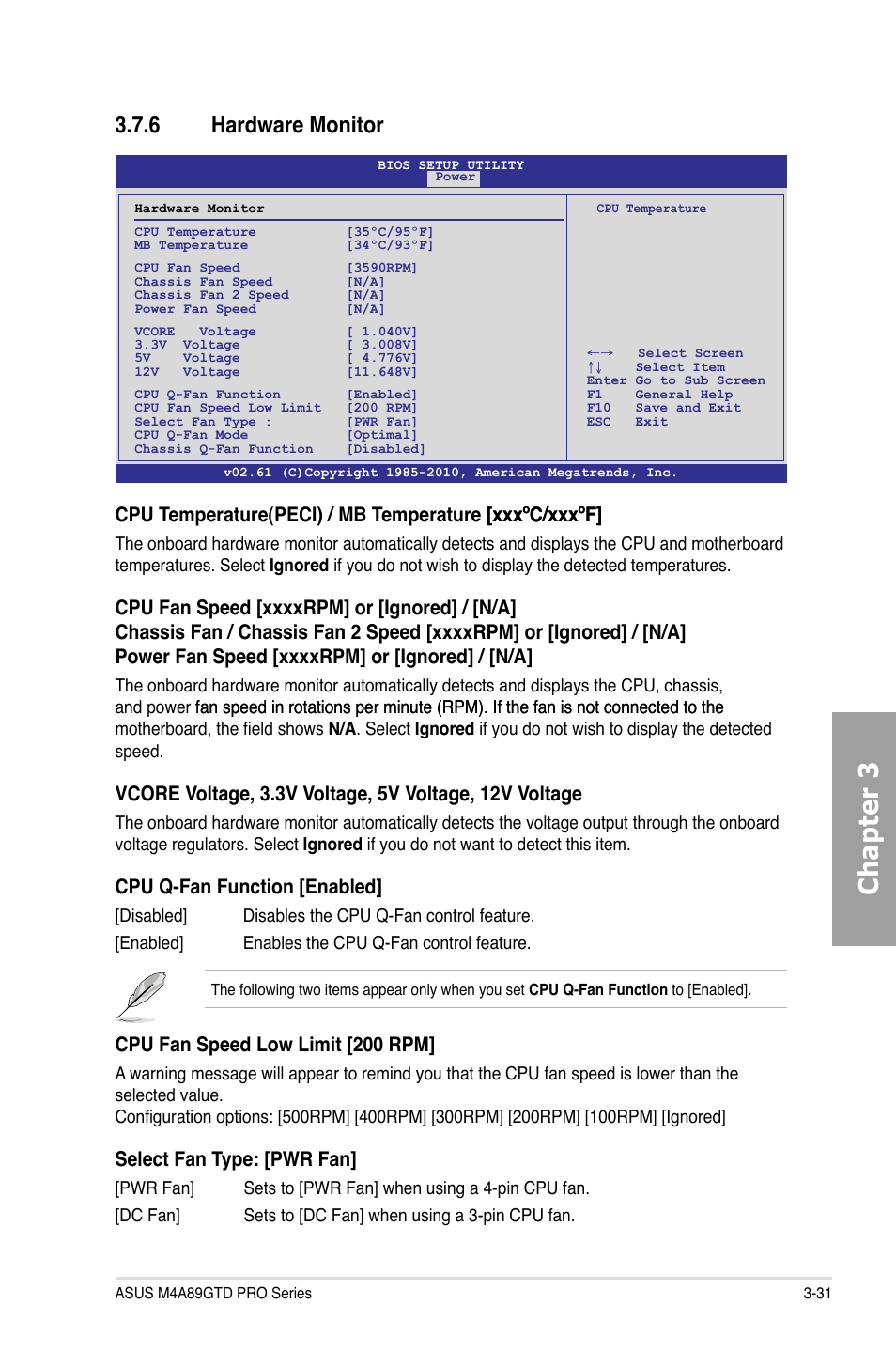 Chapter 3, 6 hardware monitor, Cpu q-fan function [enabled | Cpu fan speed low limit [200 rpm, Select fan type: [pwr fan | Asus M4A89GTD PRO/USB3 User Manual | Page 91 / 132