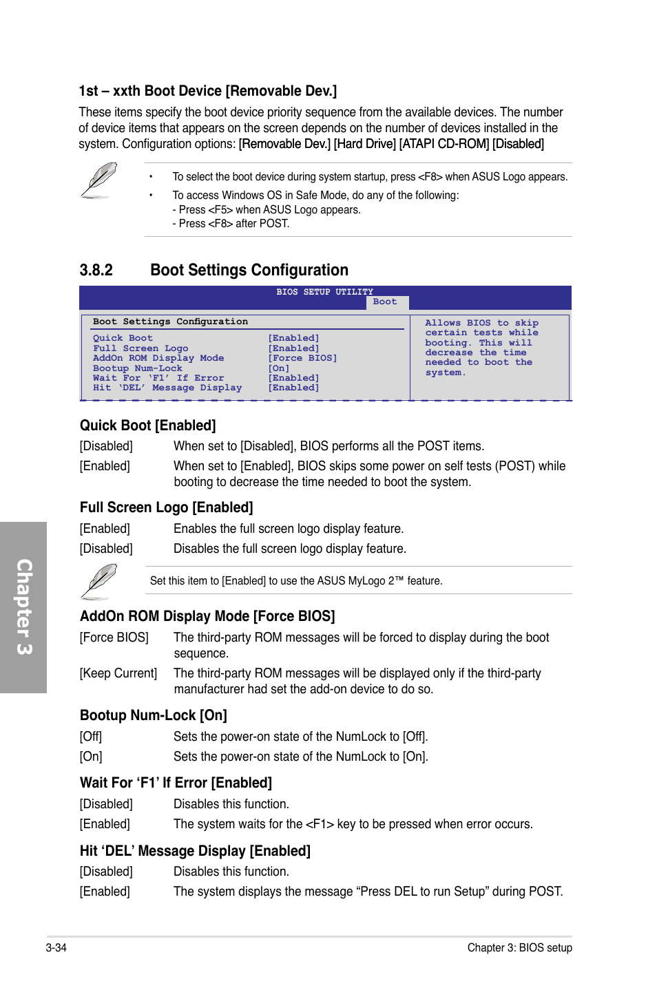 Chapter 3, 2 boot settings configuration, 1st – xxth boot device [removable dev | Quick boot [enabled, Full screen logo [enabled, Addon rom display mode [force bios, Bootup num-lock [on, Wait for ‘f1’ if error [enabled, Hit ‘del’ message display [enabled | Asus M4A89GTD PRO/USB3 User Manual | Page 94 / 132