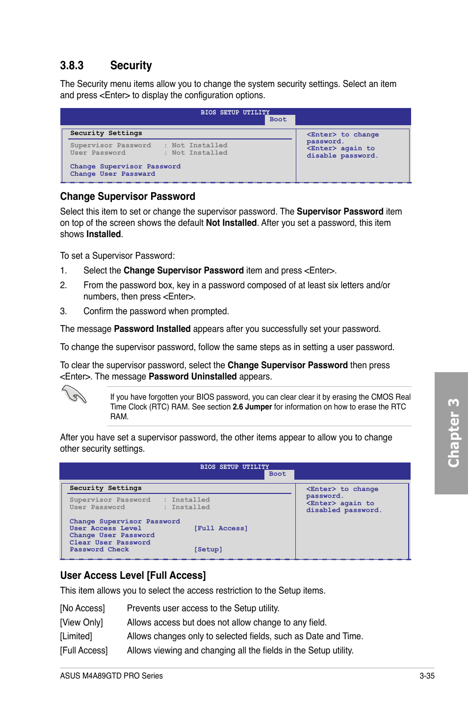 Chapter 3, 3 security, Change supervisor password | User access level [full access | Asus M4A89GTD PRO/USB3 User Manual | Page 95 / 132