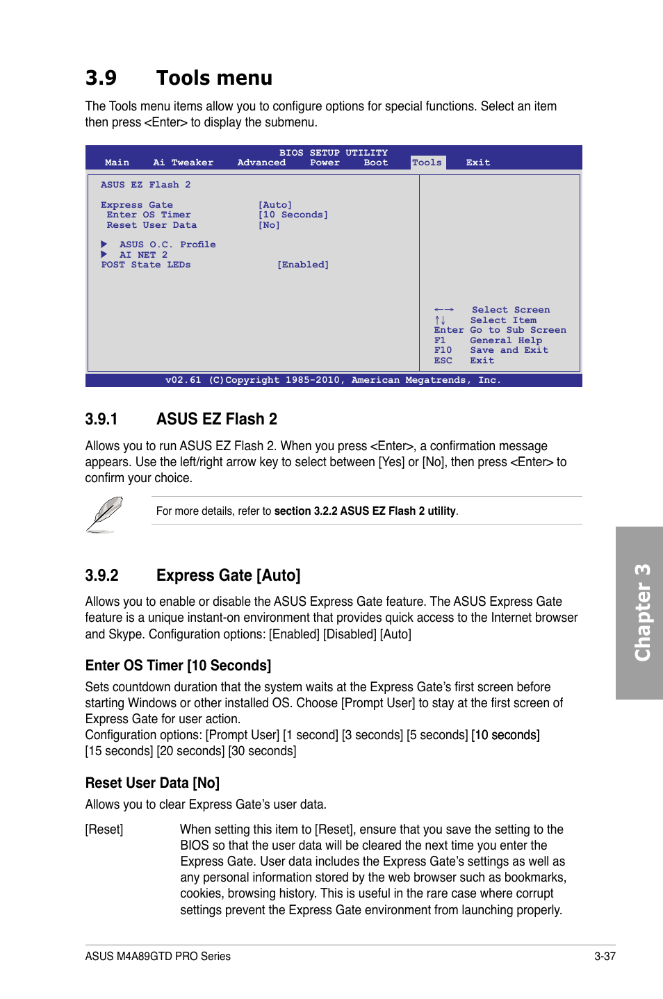 Chapter 3 3.9 tools menu, 1 asus ez flash 2, 2 express gate [auto | Asus M4A89GTD PRO/USB3 User Manual | Page 97 / 132