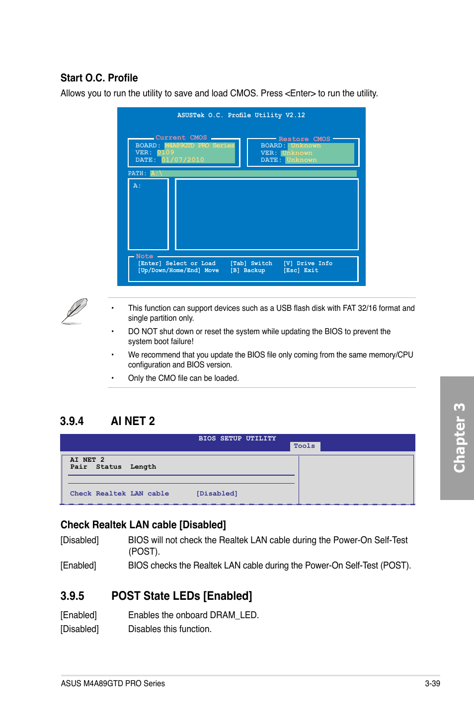 Chapter 3, 4 ai net 2, 5 post state leds [enabled | Check realtek lan cable [disabled, Start o.c. profile | Asus M4A89GTD PRO/USB3 User Manual | Page 99 / 132