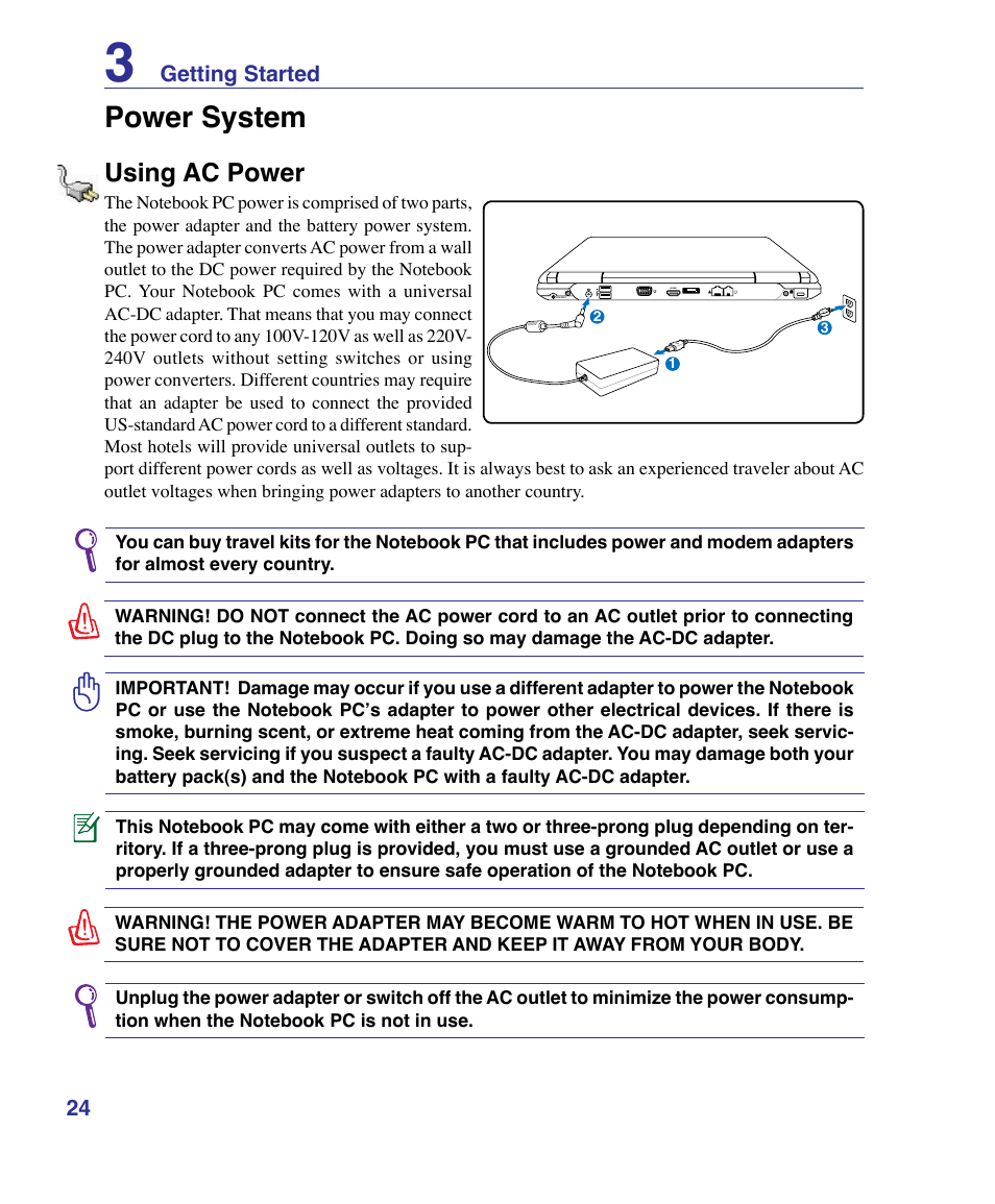 Power system, Using ac power | Asus X83Vm User Manual | Page 24 / 94