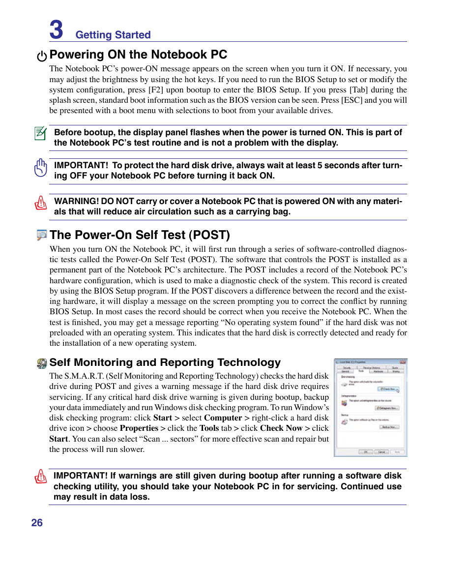 Powering on the notebook pc, The power-on self test (post) | Asus X83Vm User Manual | Page 26 / 94