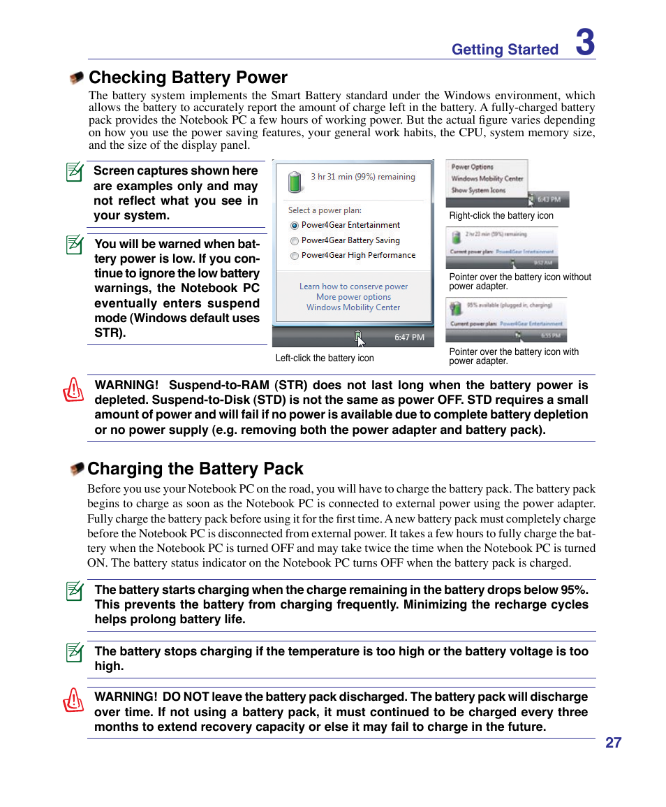 Checking battery power, Charging the battery pack | Asus X83Vm User Manual | Page 27 / 94