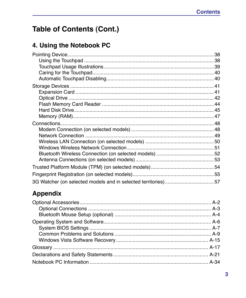 Table of contents (cont.) | Asus X83Vm User Manual | Page 3 / 94