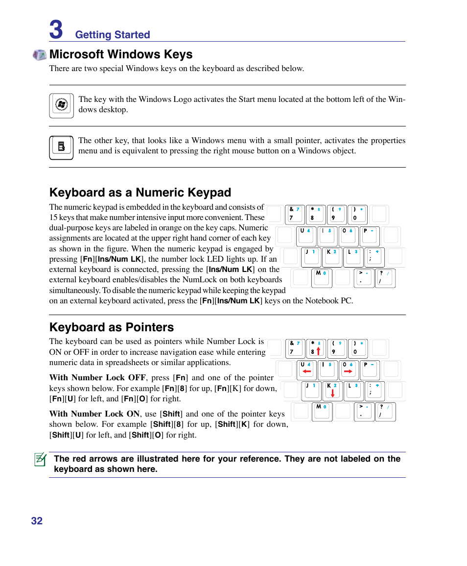 Microsoft windows keys, Keyboard as a numeric keypad, Keyboard as pointers | Asus X83Vm User Manual | Page 32 / 94