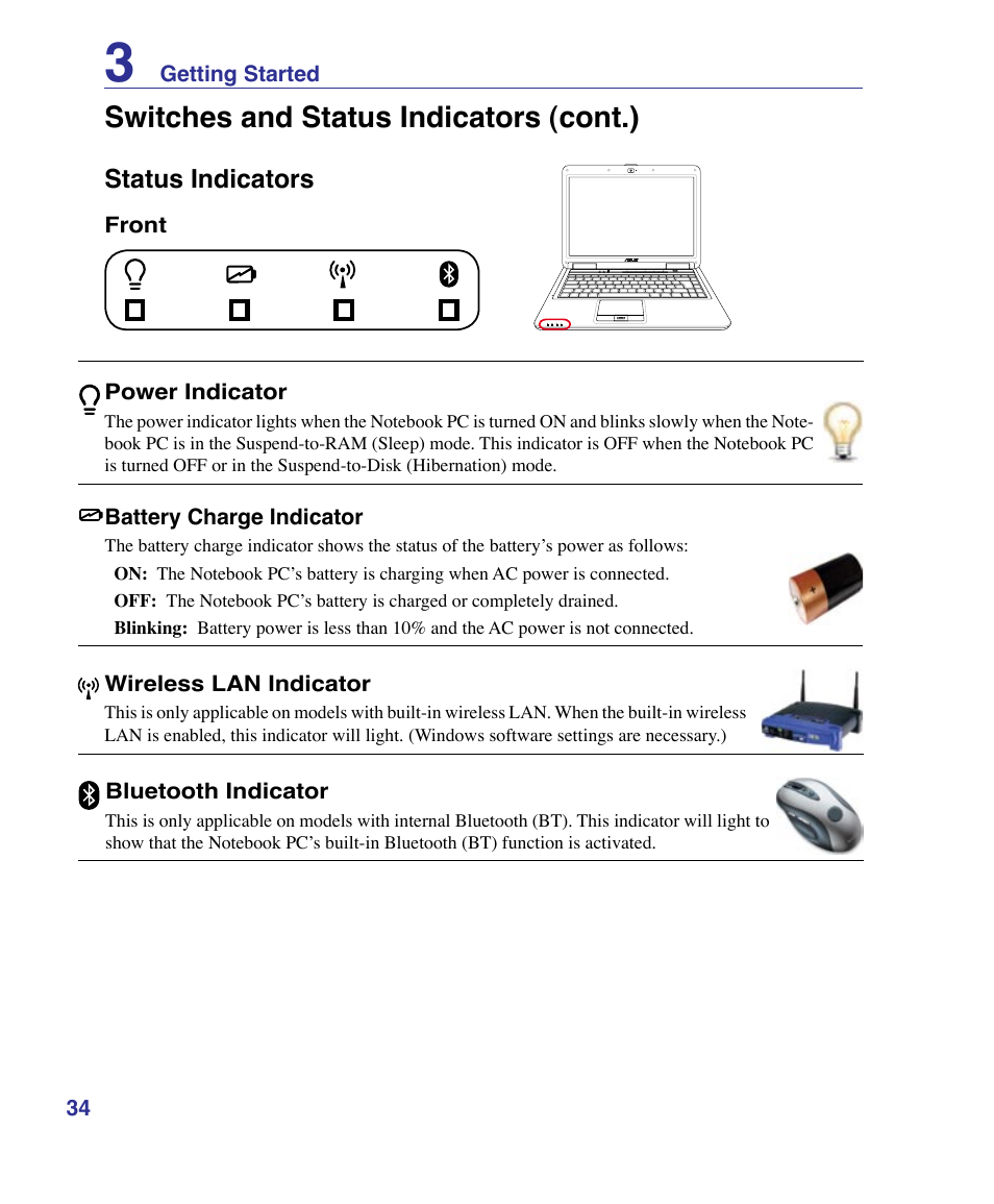 Status indicators, Switches and status indicators (cont.) | Asus X83Vm User Manual | Page 34 / 94