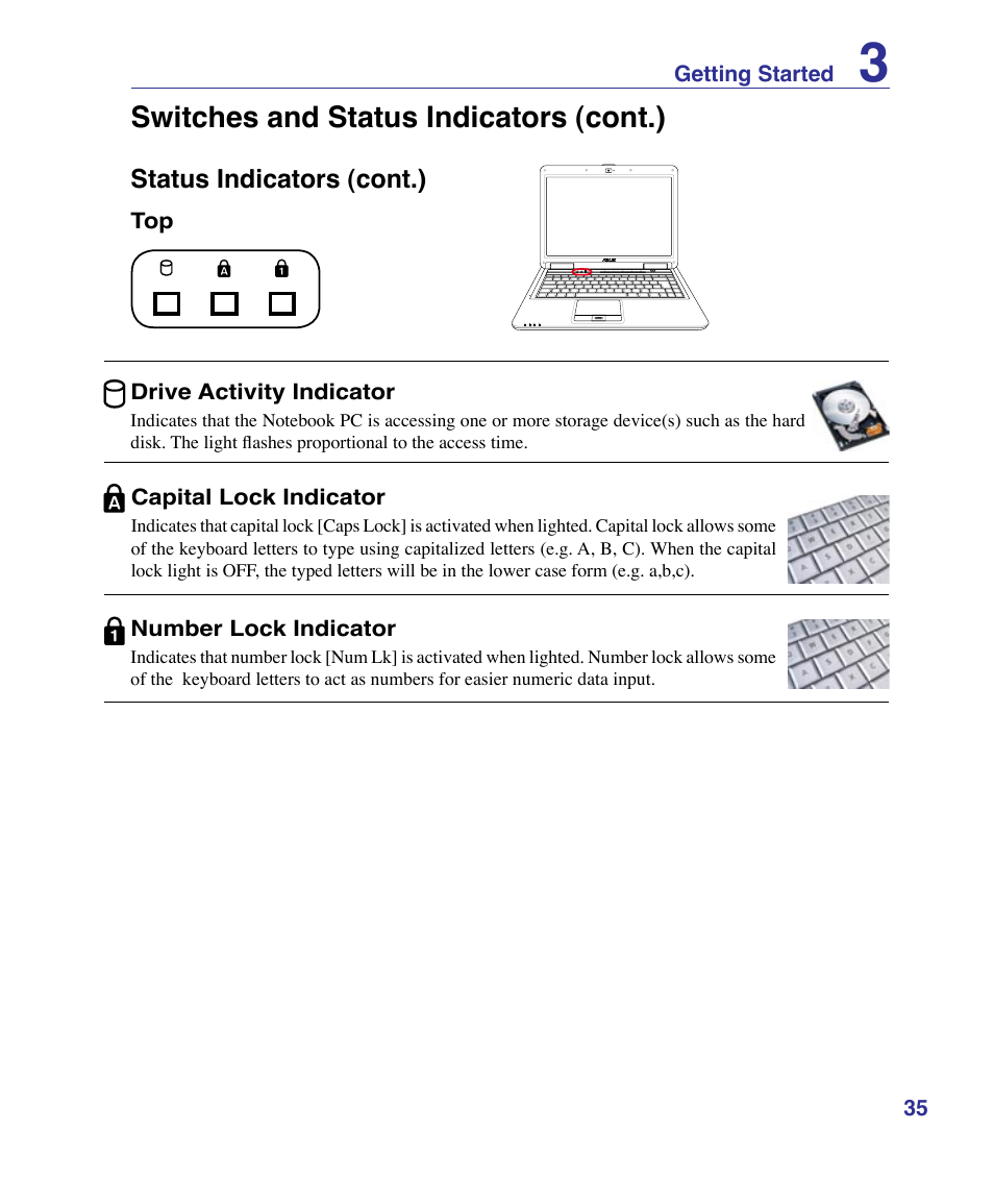 Switches and status indicators (cont.) | Asus X83Vm User Manual | Page 35 / 94