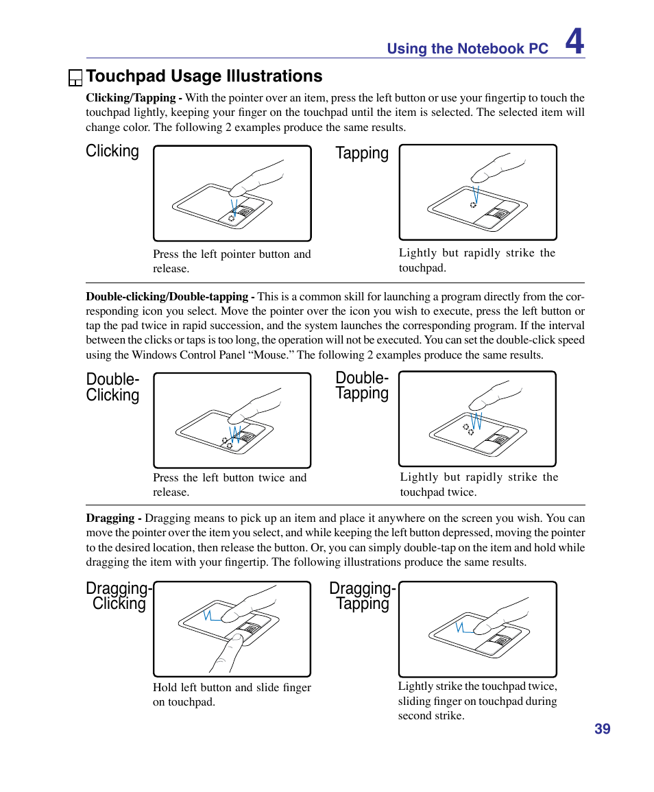 Touchpad usage illustrations, Dragging- clicking dragging- tapping | Asus X83Vm User Manual | Page 39 / 94