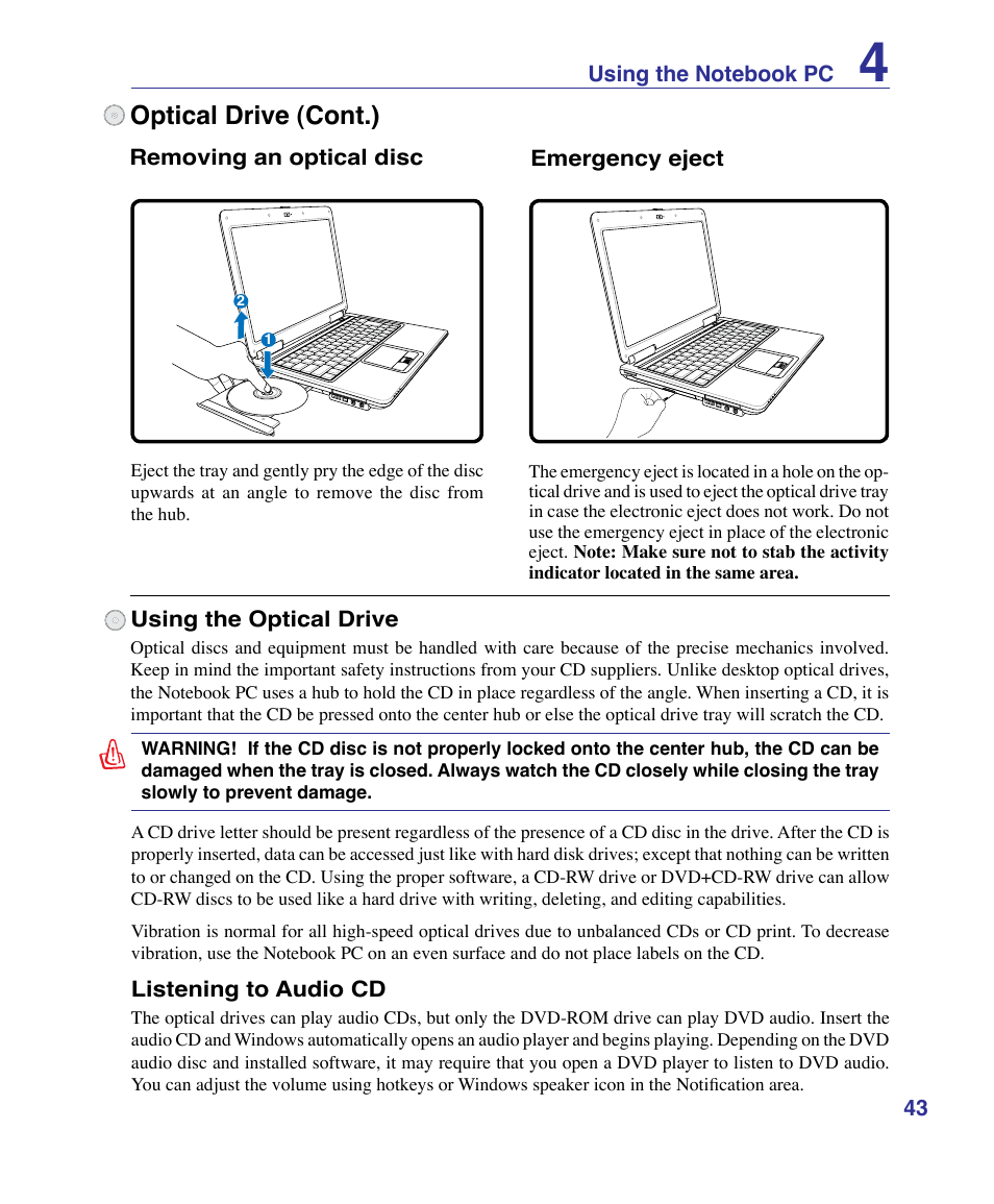 Optical drive (cont.) | Asus X83Vm User Manual | Page 43 / 94