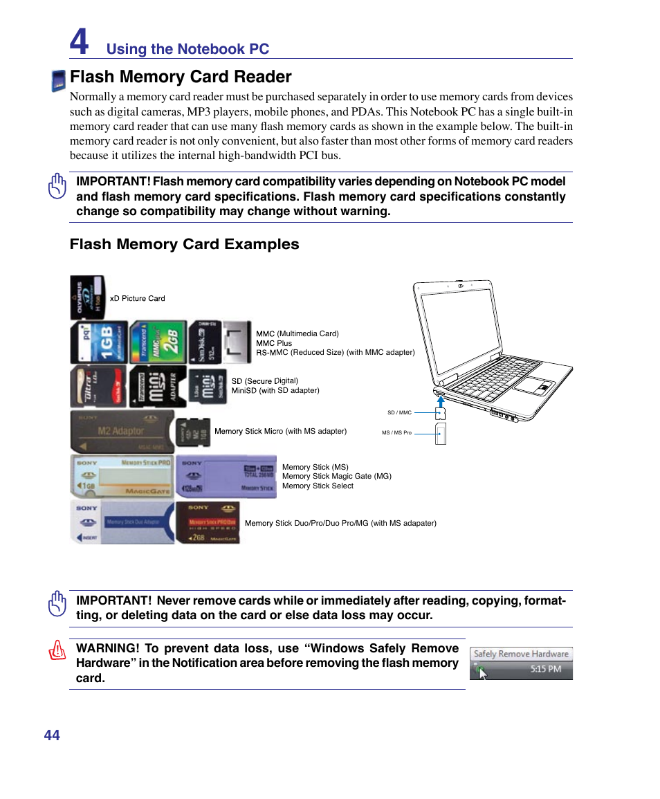 Flash memory card reader | Asus X83Vm User Manual | Page 44 / 94